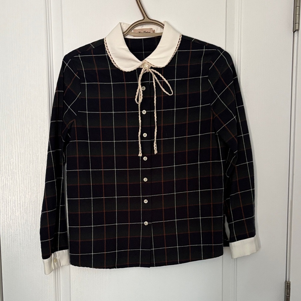 Miss Patina Navy Blouse with White Collar
